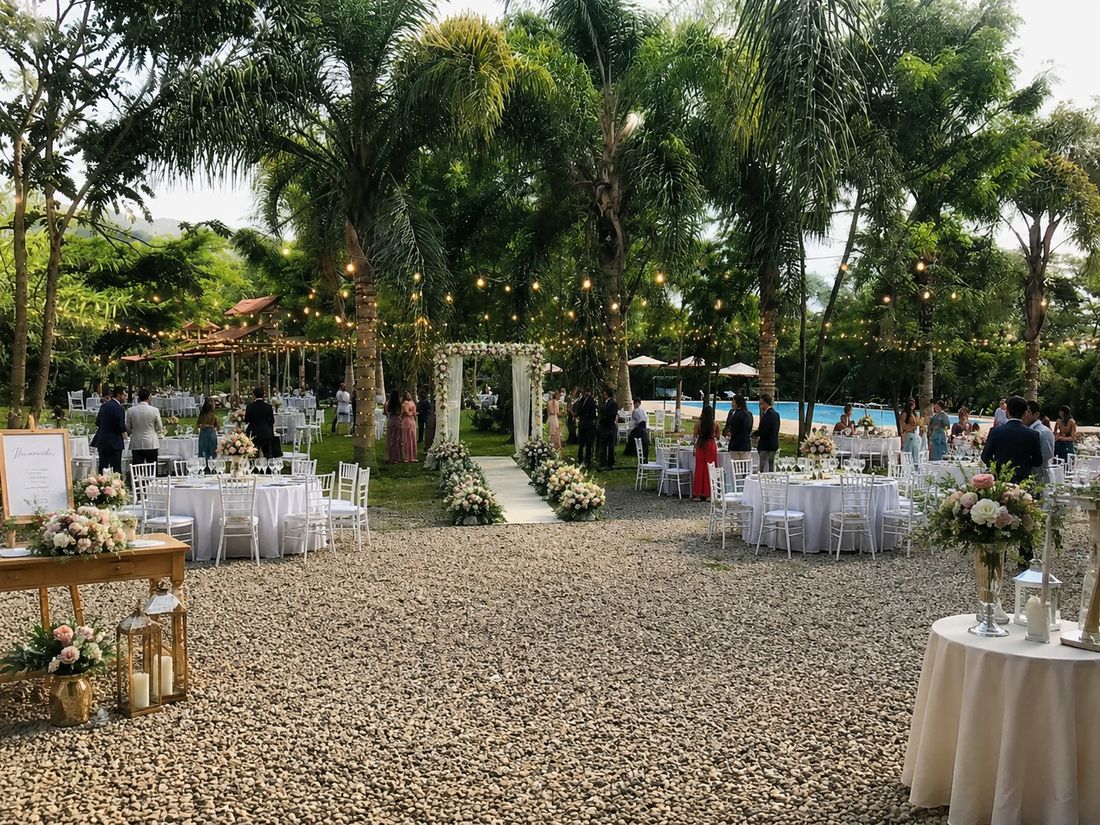 Boda al aire libre con mesas y luces entre las palmeras